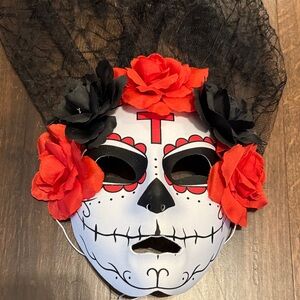 Day of the Dead Dia De Los Muertos Mask with Red and Black Flowers and Viel
